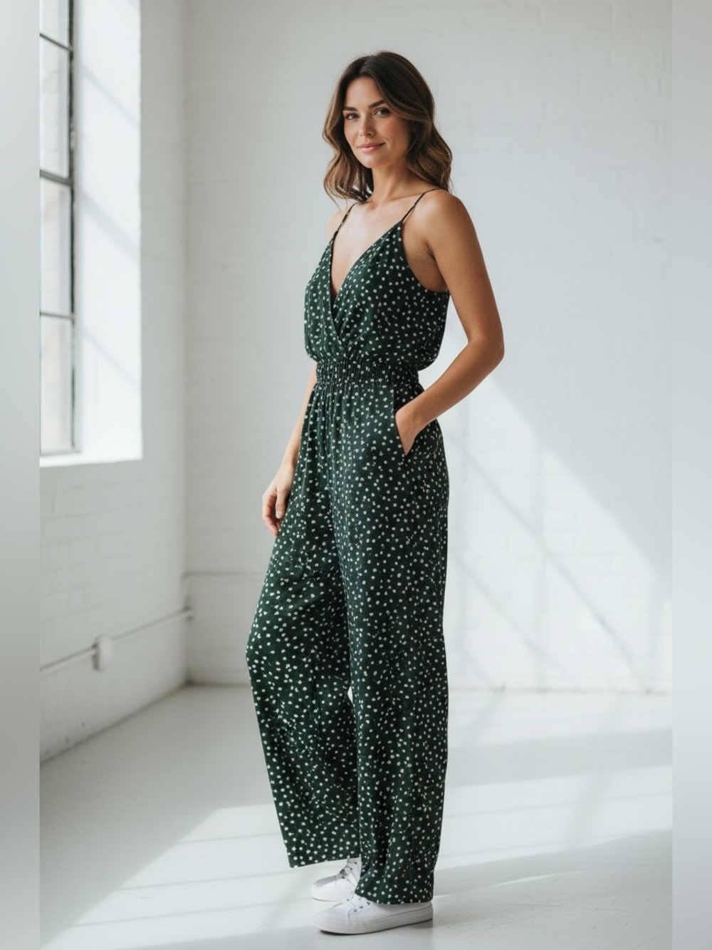 Kaileigh Green Floral Wide Leg Jumpsuit Surplice V-Neck Spaghetti Strap S